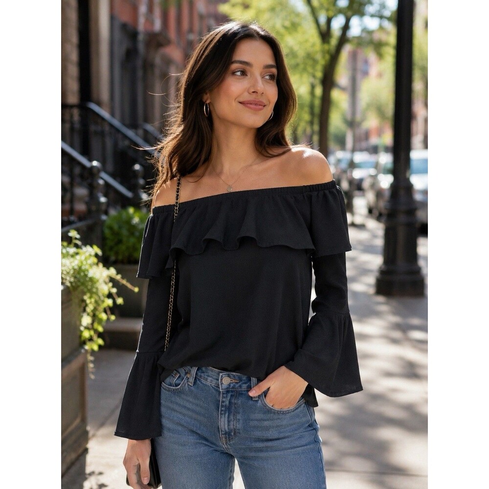 NWT Papillon Boho Black Chiffon Off-Shoulder Ruffle Bell Sleeve Blouse Women XS